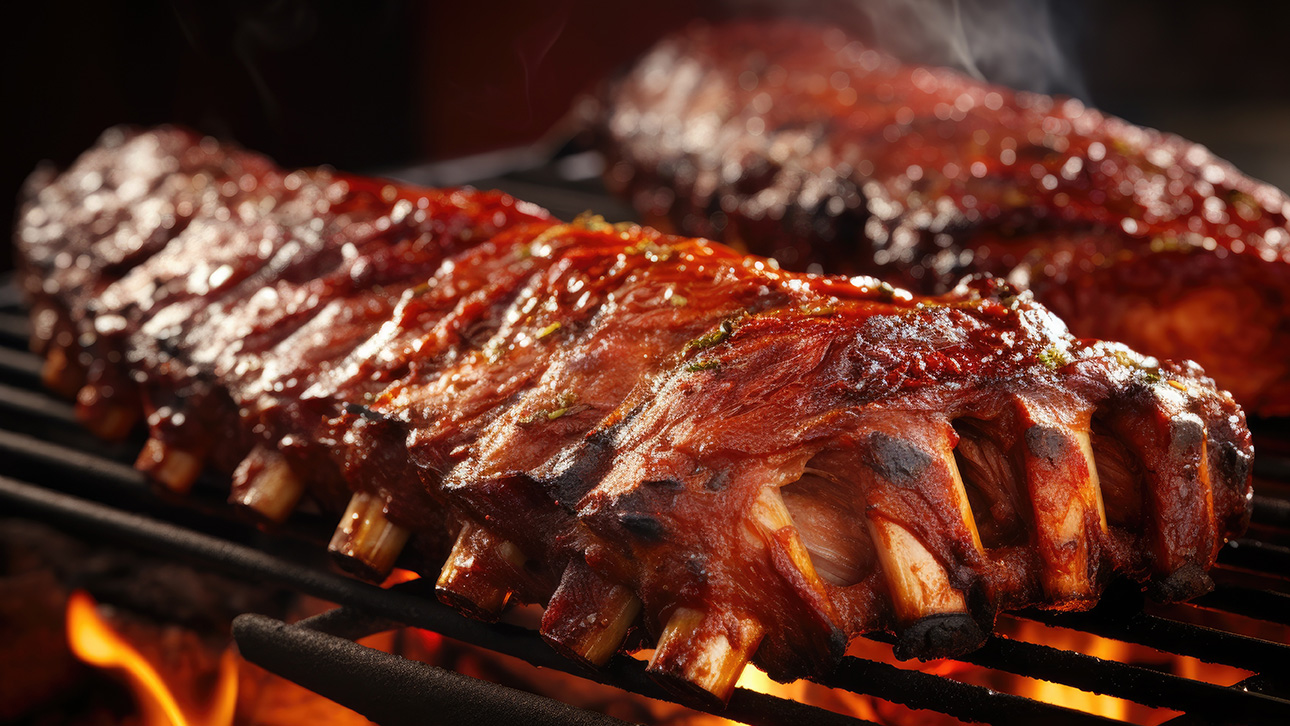close-up of juicy bbq ribs on a grill, created with generative ai