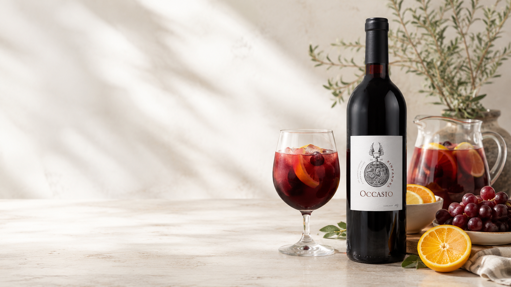 Occasio Zinfandel bottle beside a glass and pitcher of red sangria with orange slices, grapes, and ice on a sunlit tabletop.