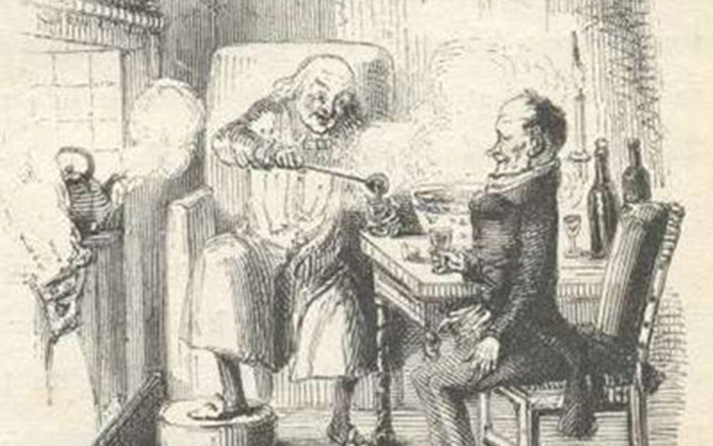 an etching of bob cratchit and scrooge sharing bowl of hot mulled wine