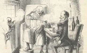 an etching of bob cratchit and scrooge sharing bowl of hot mulled wine