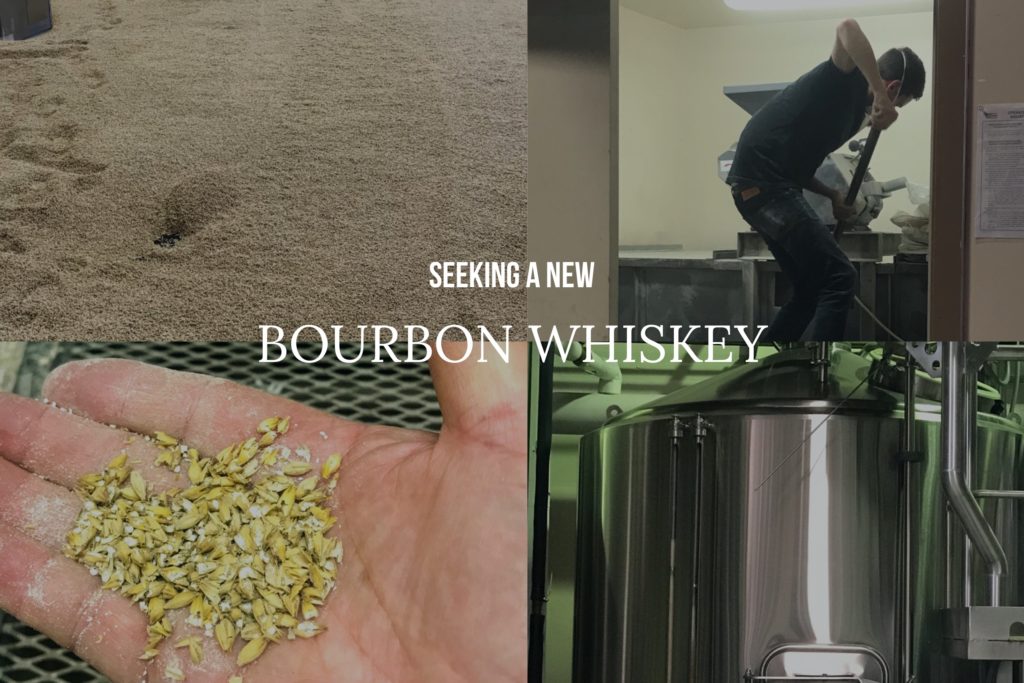 a collage of four pictures showing a malting floor, a person running a milling machine, grain in hand, and a mash tun