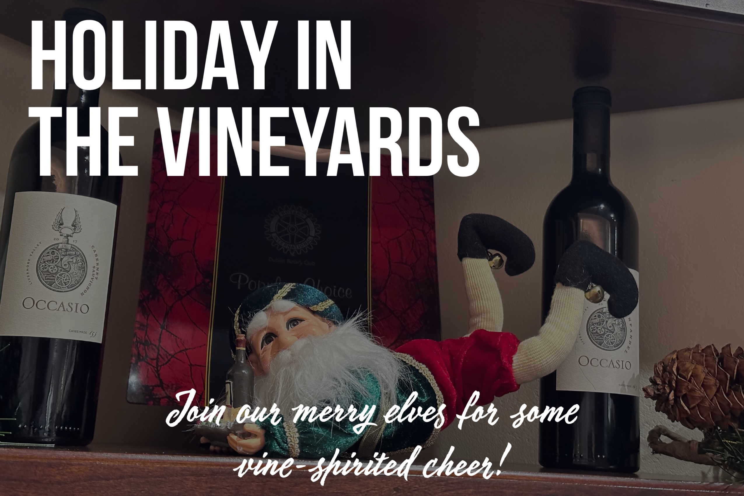 holiday in the vineyards photo showing our toy elf between two wine bottles on a display shelf