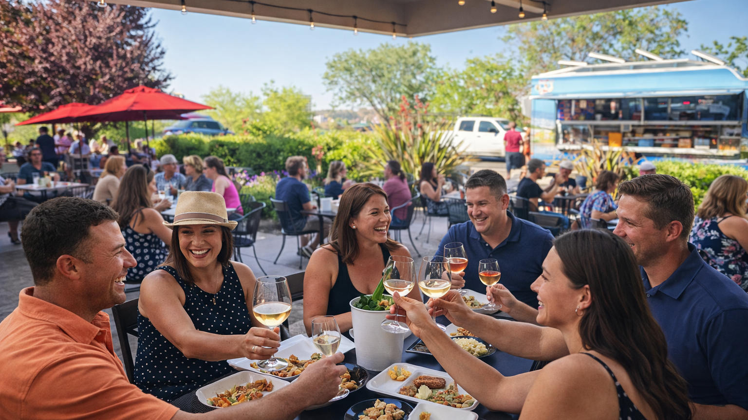 Guests gather around tables on a winery patio, enjoying wine and shared plates beneath string lights, with red umbrellas, greenery, and a food truck visible in the sunny background.