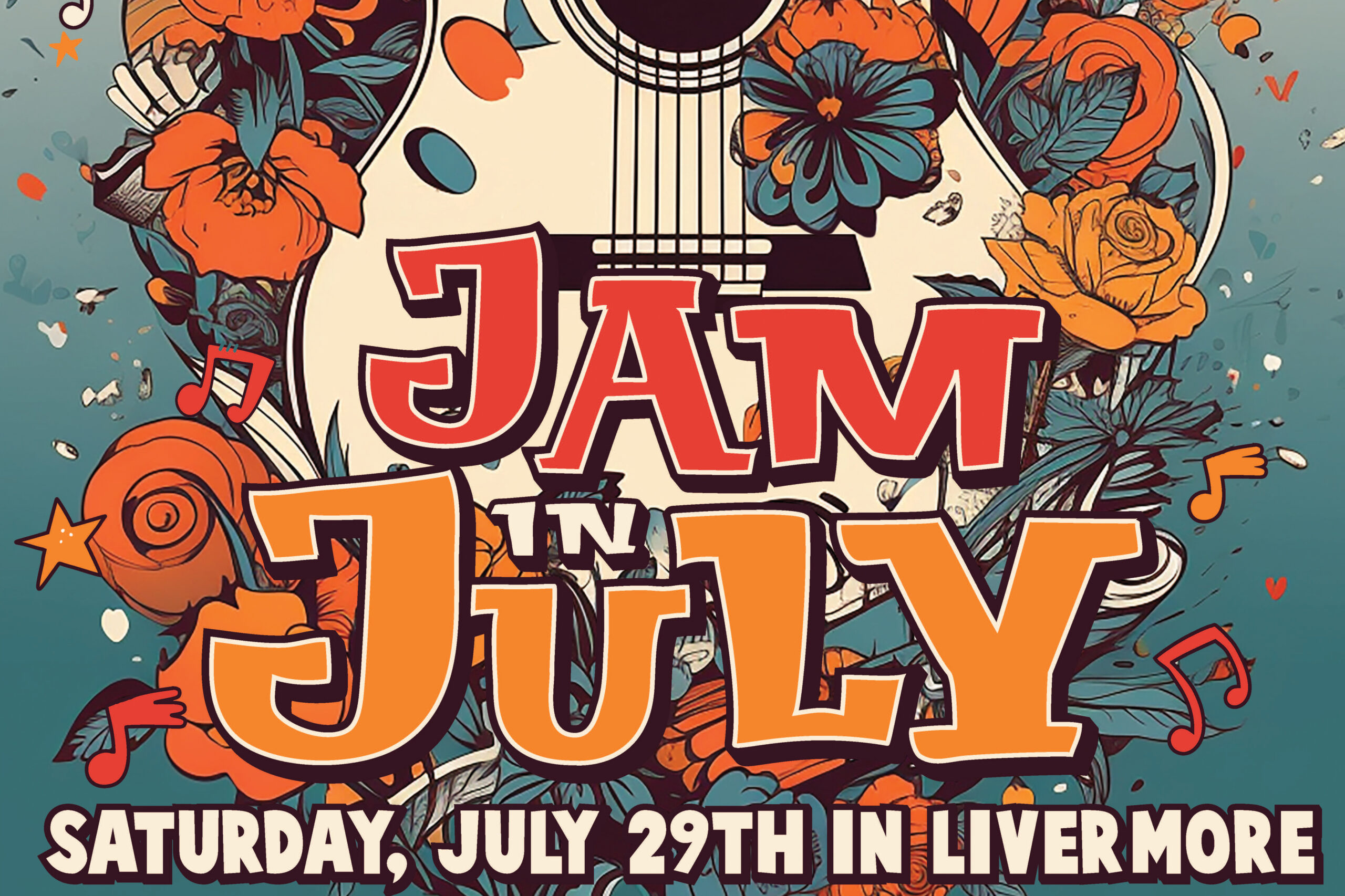 jam in july poster with guitar drawn in background