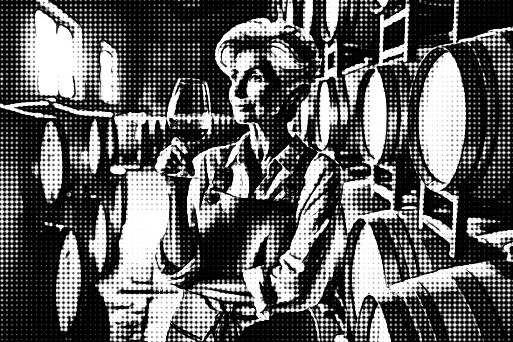 an AI generated black and white image of a woman winemaker holding a glass of wine in front of barrels