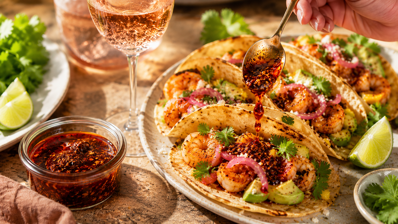 **Alt text:** Shrimp tacos topped with salsa macha, avocado, pickled red onions, and cilantro, served with lime wedges, a bowl of salsa macha, and a glass of sparkling rosé.