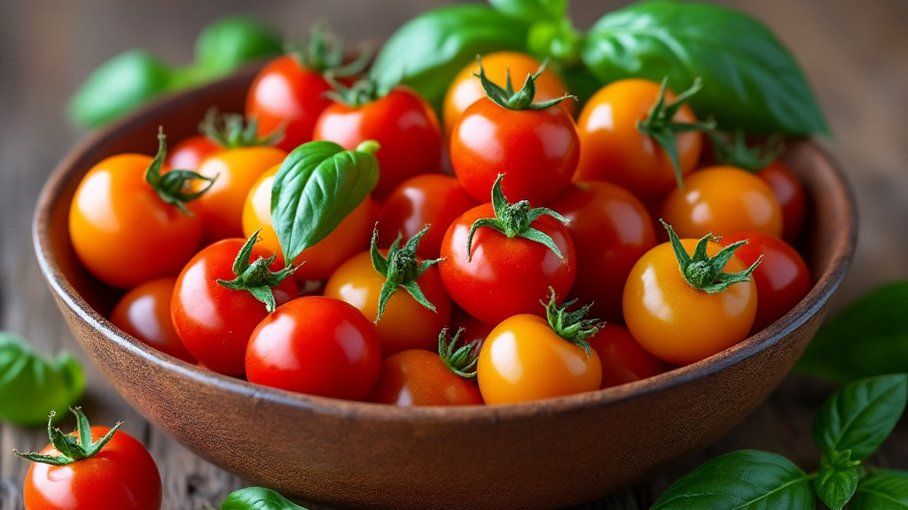 an earthen ware bowl of red and gold cherry tomatoes with some basil leaves set on a wooden table