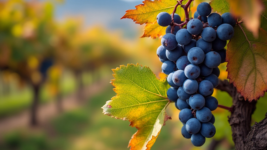 an ai generated image of a single red grape cluster on the vines in the fall