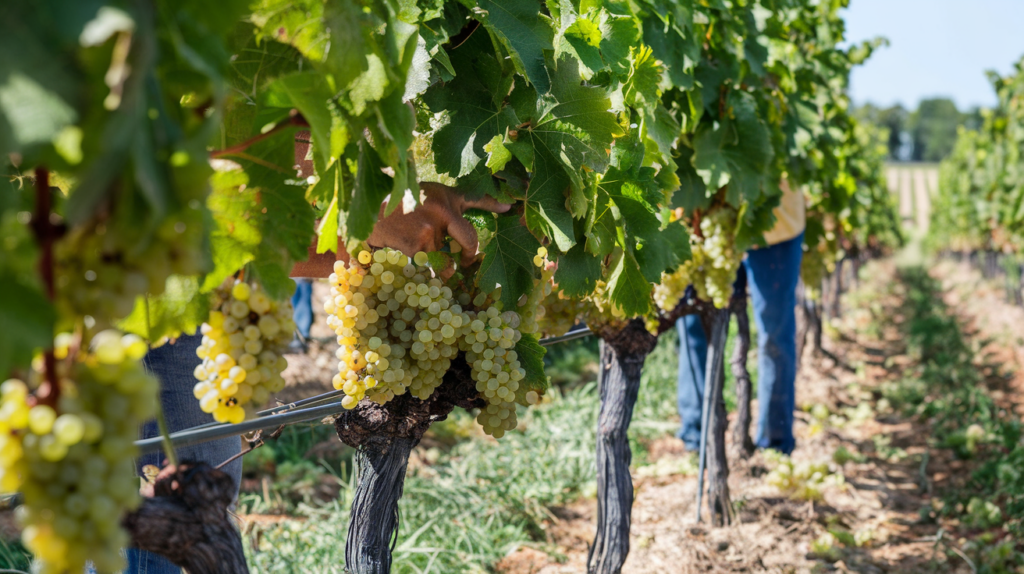 chardonnay on the vines being hand harvested