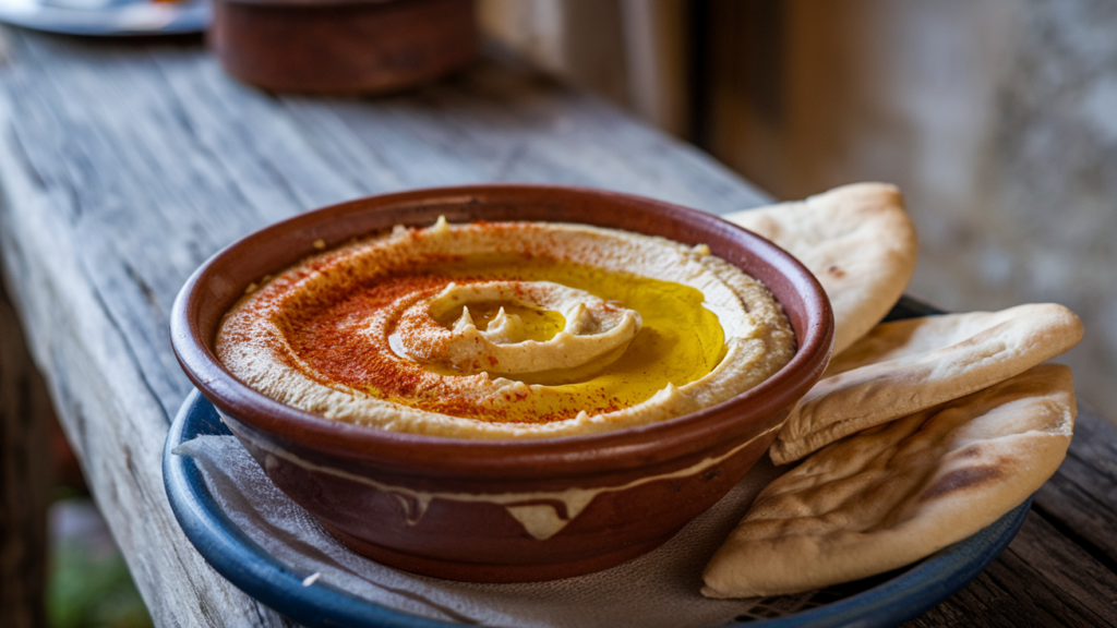 a brown ceramic bowl filled with hummus and sprinkled with paprika and olive oil surrounded with pita bread on a wooden table