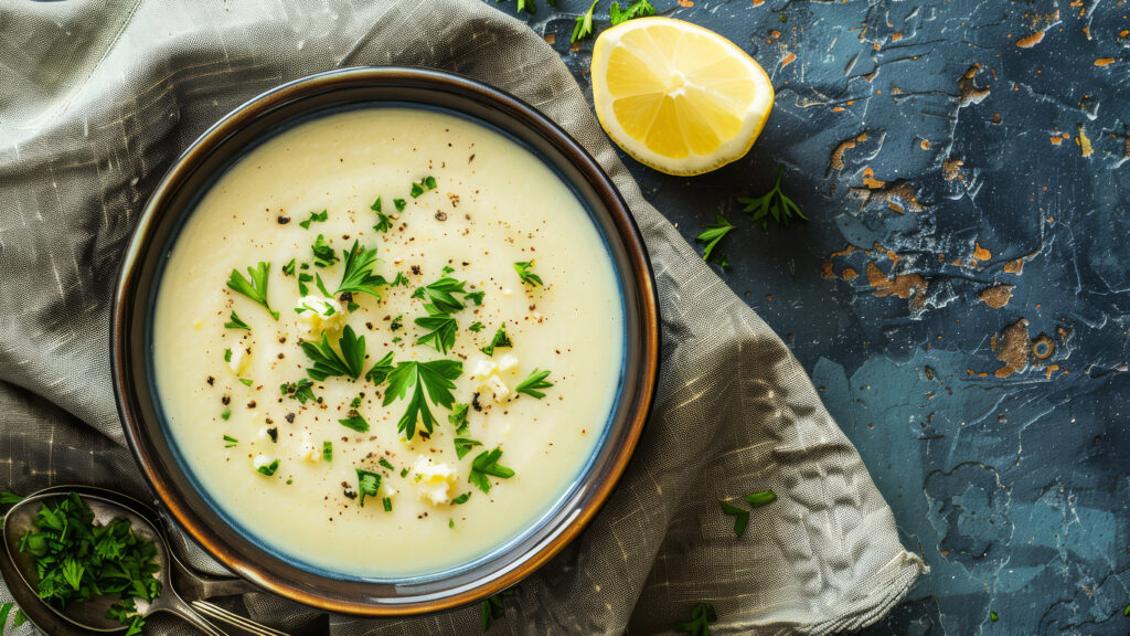 Bowl of avgolemono soup from above with a lemon wedge on the side