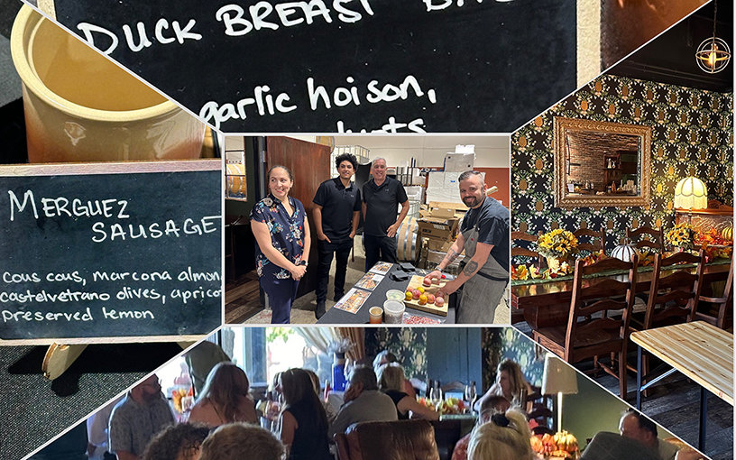 collage of the september 24 release party with pictures of chef, facility, and food