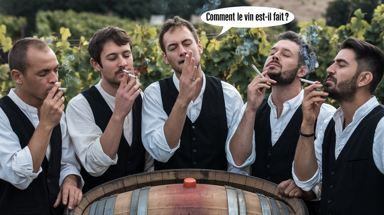 french winemakers standing around a barrel smoking cigarettes and asking how wine is made