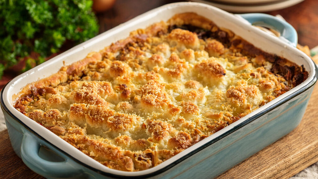 TURKEY POT PIE CASSEROLE IN A CASSEROLE PAN ON A WOODEN BOARD