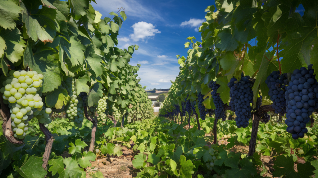 an ai generated image of opposing rows of sauvignon blanc and cabernet franc in a vineyard