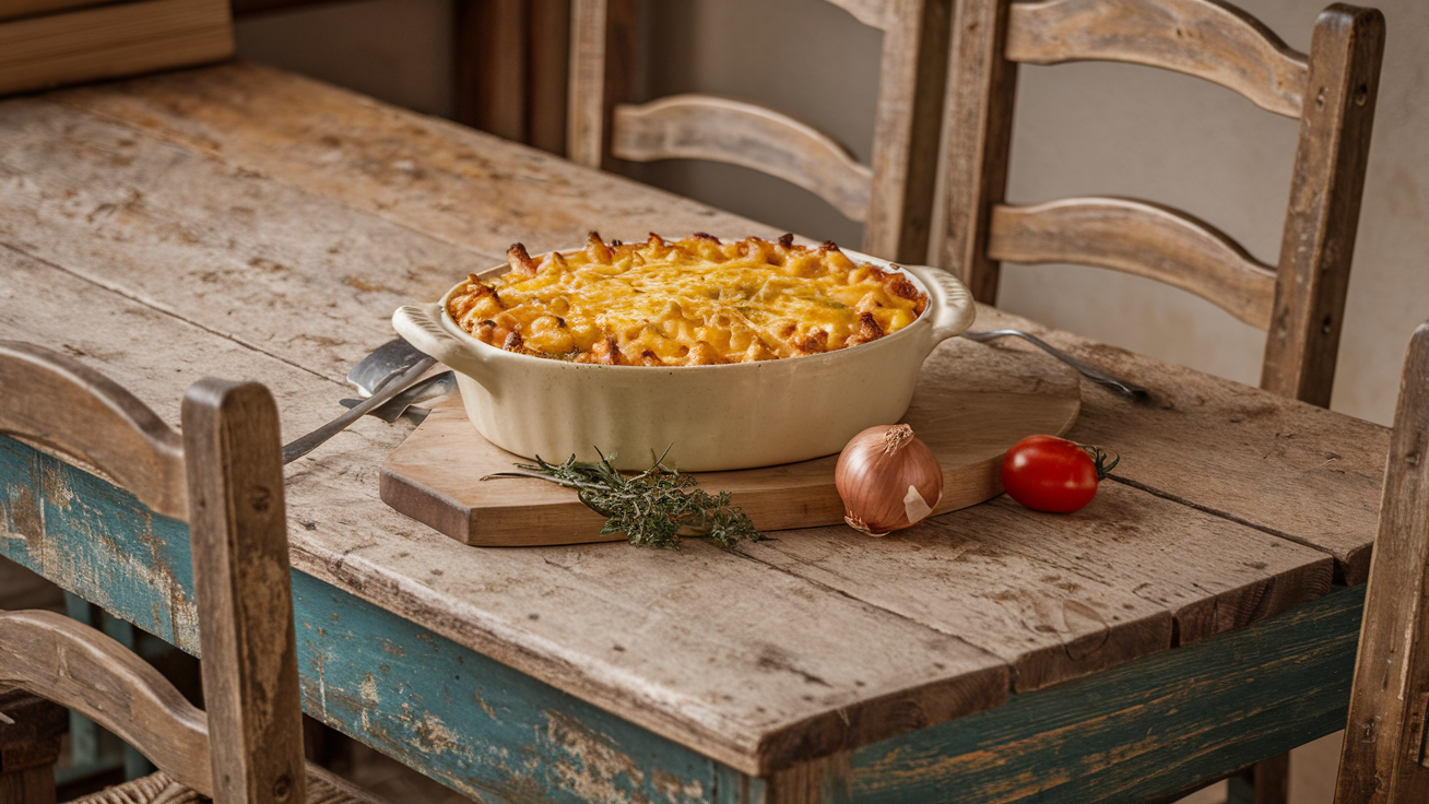 macaroni and cheese in a white casserole dish on a rustic wooden table