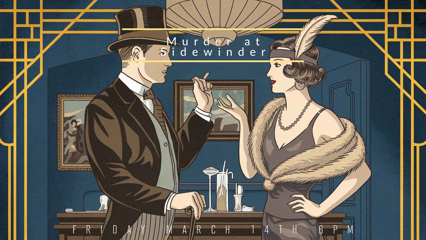 art deco painting of a man and woman facing each other at a bar wearing great gatsby clothing