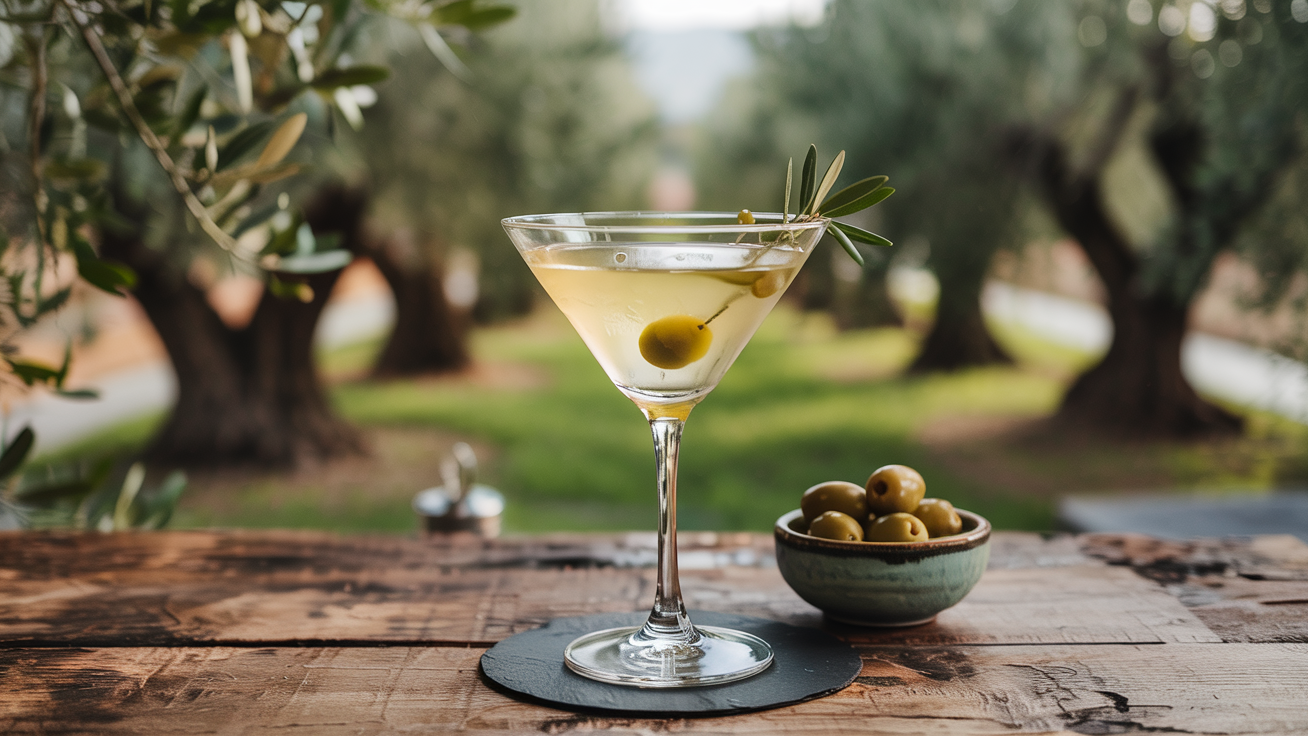 GIN MARTINI WITH OLIVE GARNISH IN OLIVE GROVE
