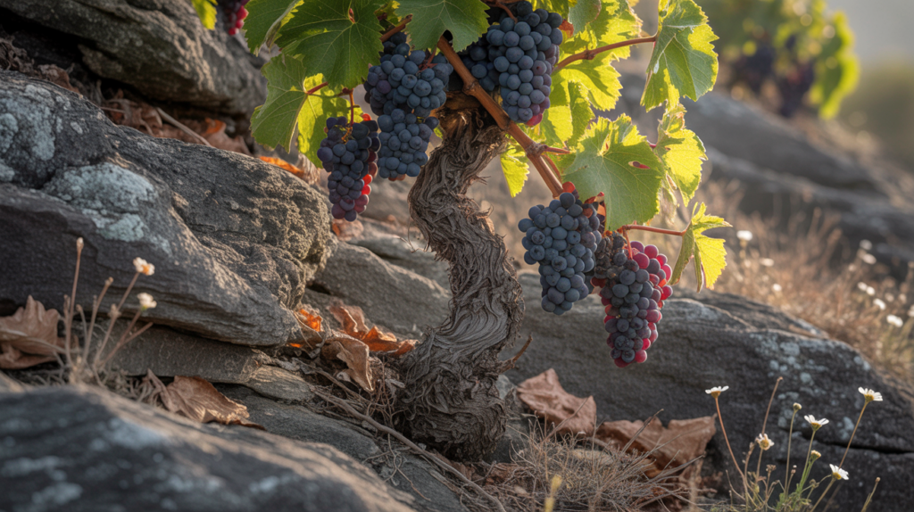 an old vine growing in a rocky soil struggling for survival