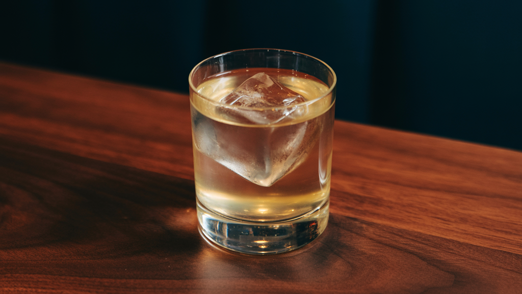 CLARIFIED OLD FASHIONED WITH A CLEAR ICE CUBE ON A BAR