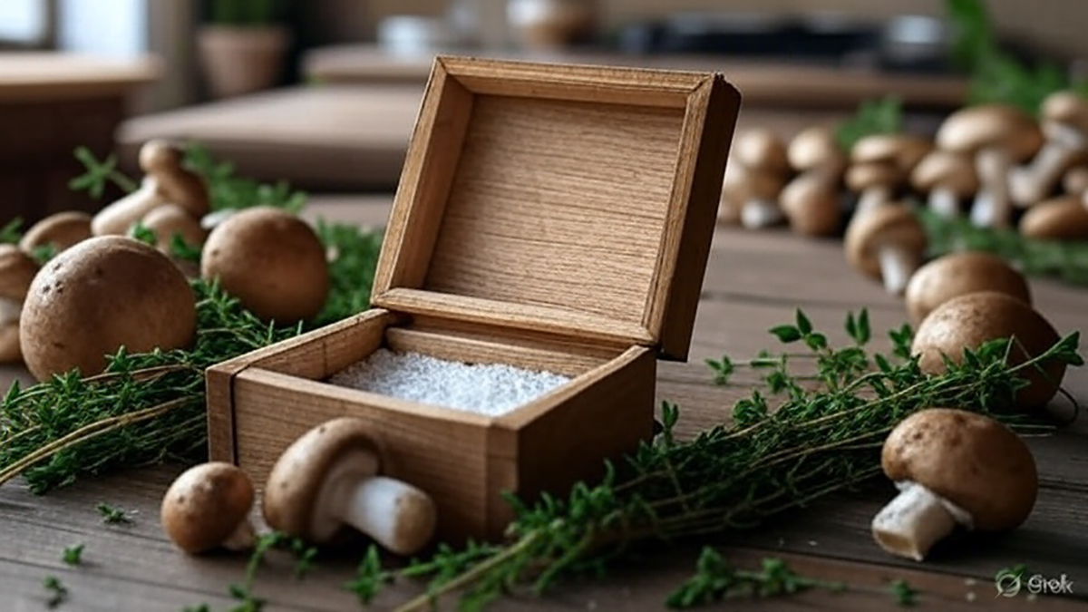 A WOODEN SALT CELAR SURROUNDED BY CRIMINI MUSHROOMS AND FRESH THYME