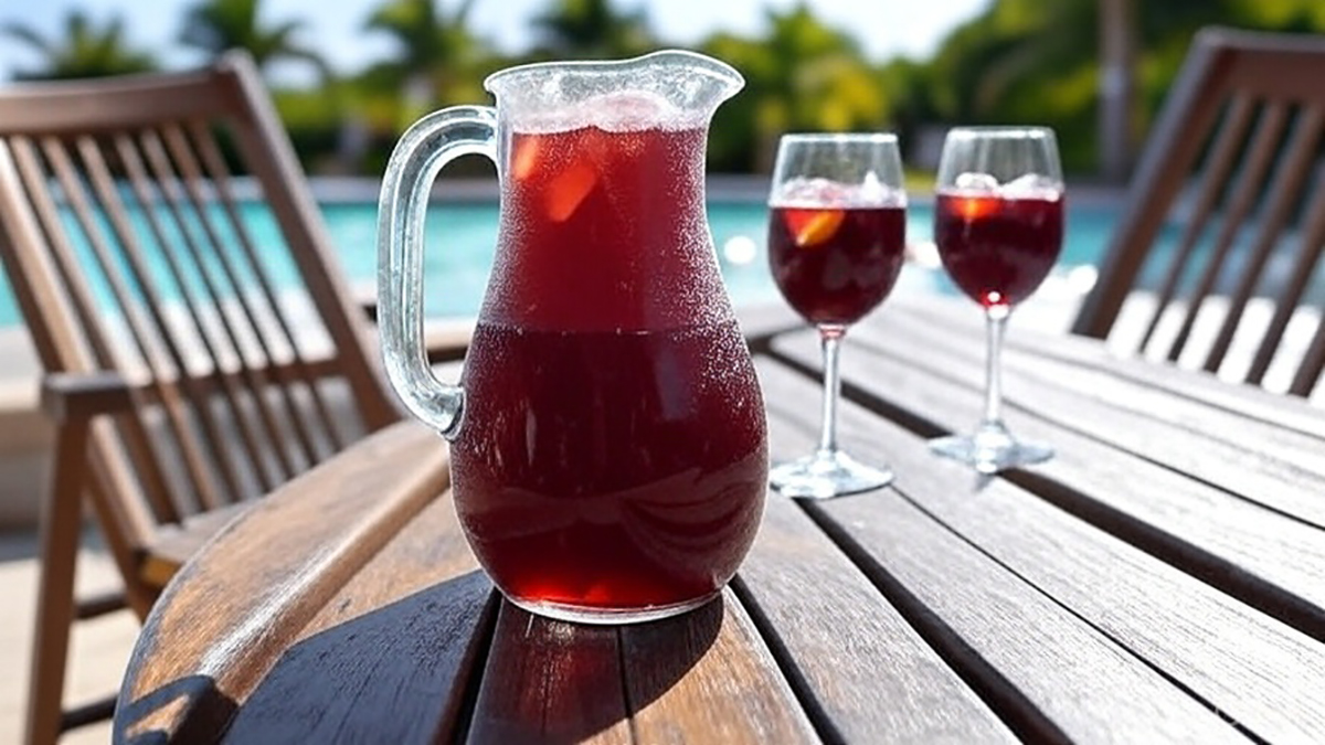 ICY PITCHER OF RED SANGRIA IN A POOLSIDE SETTING