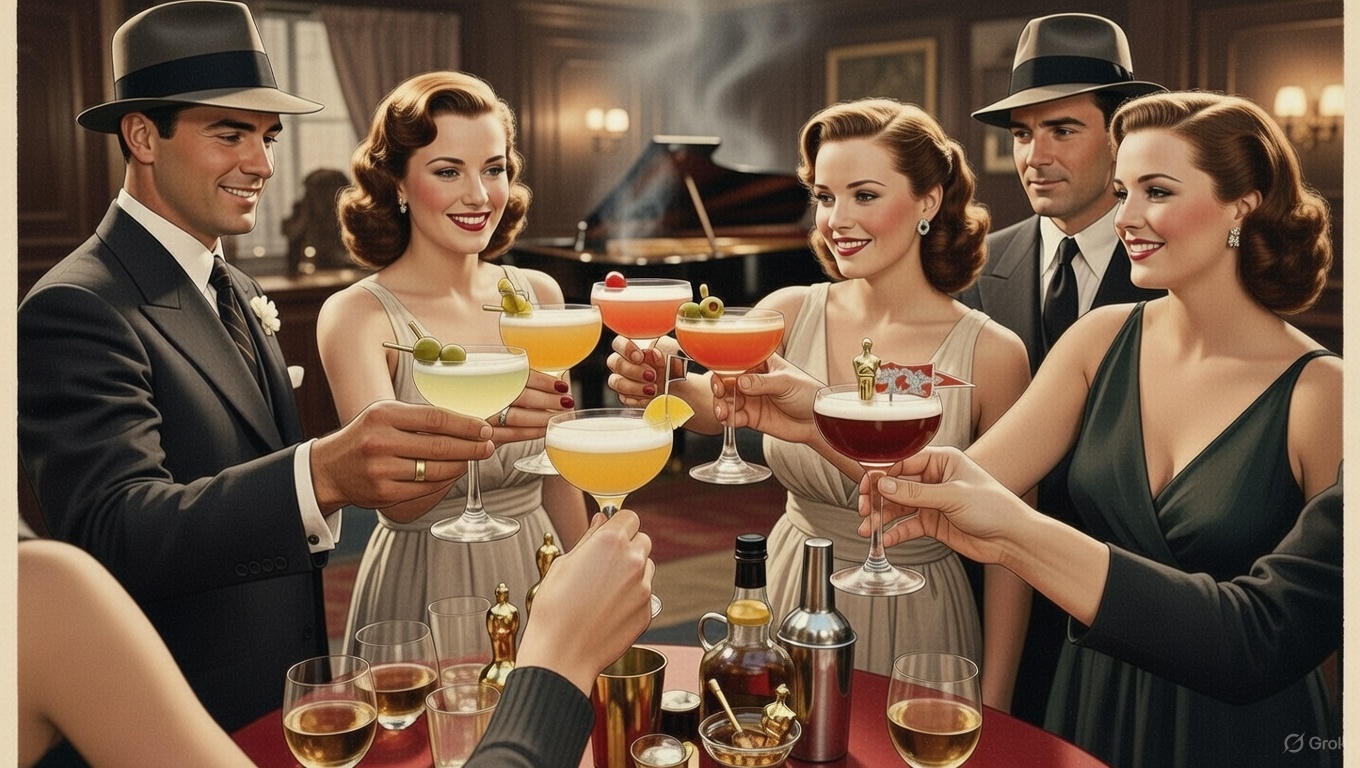 cartoon drawing of 1940s well dressed people