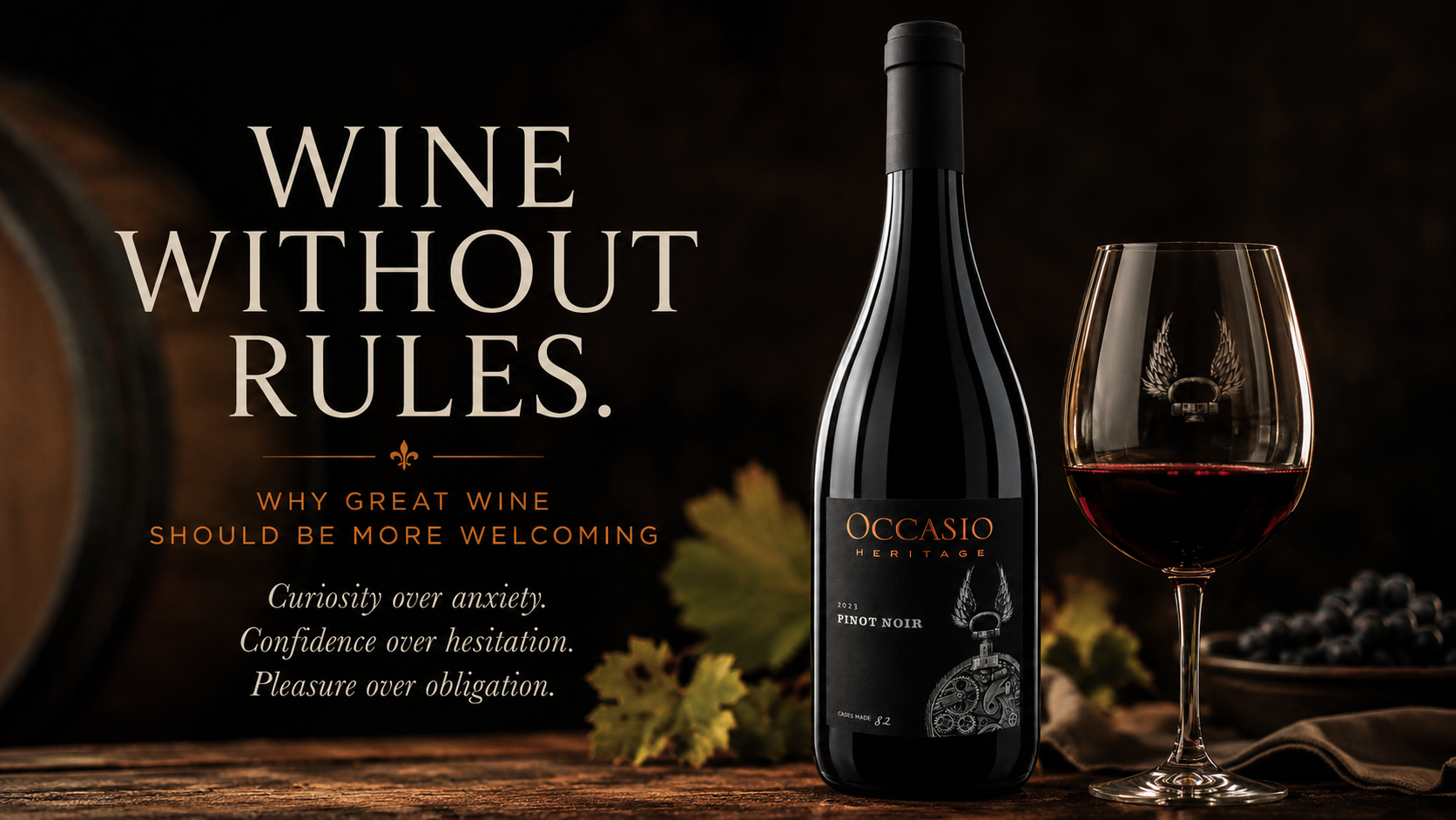 Occasio Pinot Noir overlooking the vineyard where it was grown, reflecting the connection between wine, place, and shared experiences.