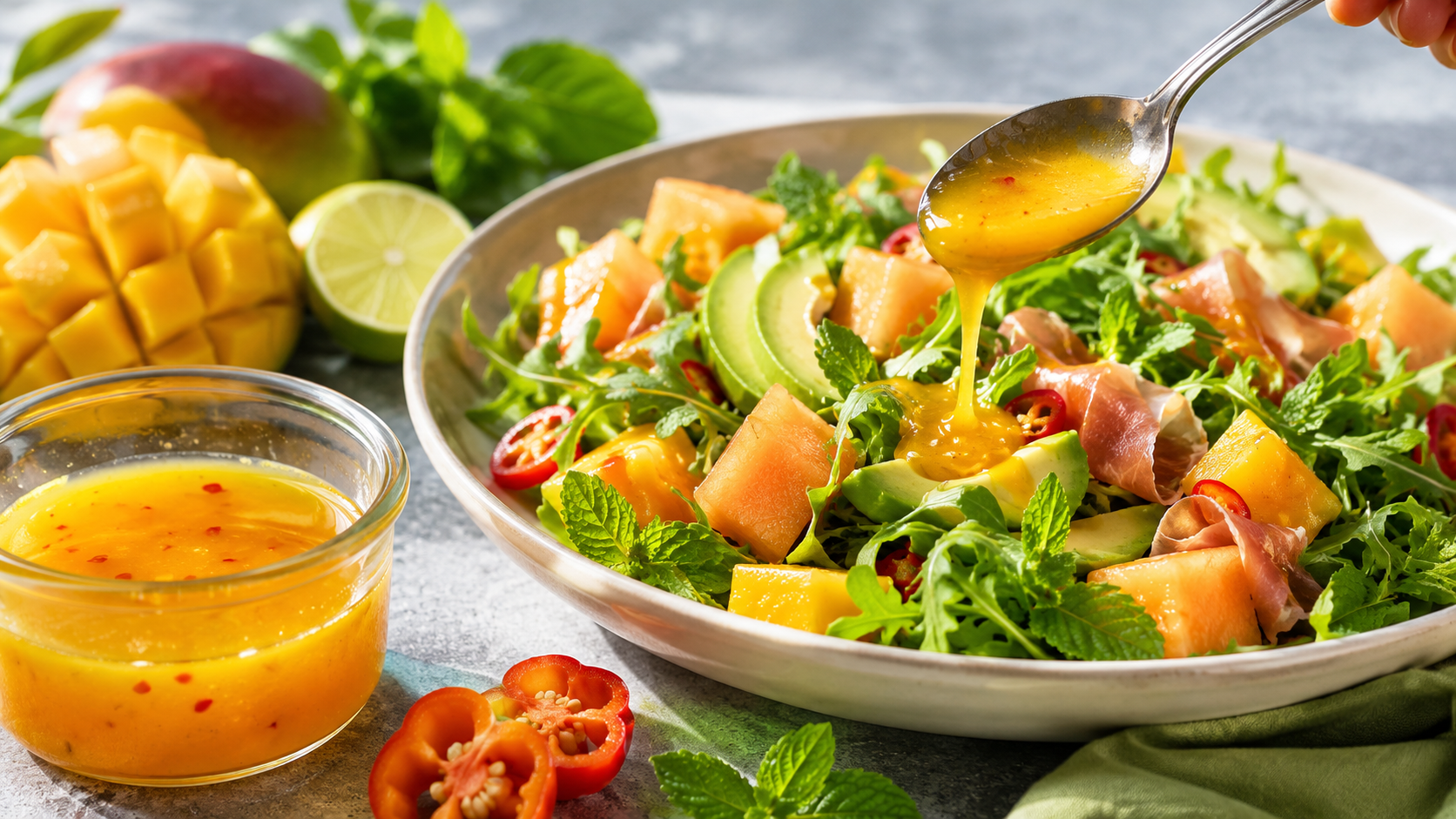 Mango-habanero vinaigrette being drizzled over a summer salad with melon, avocado, greens, herbs, and prosciutto.