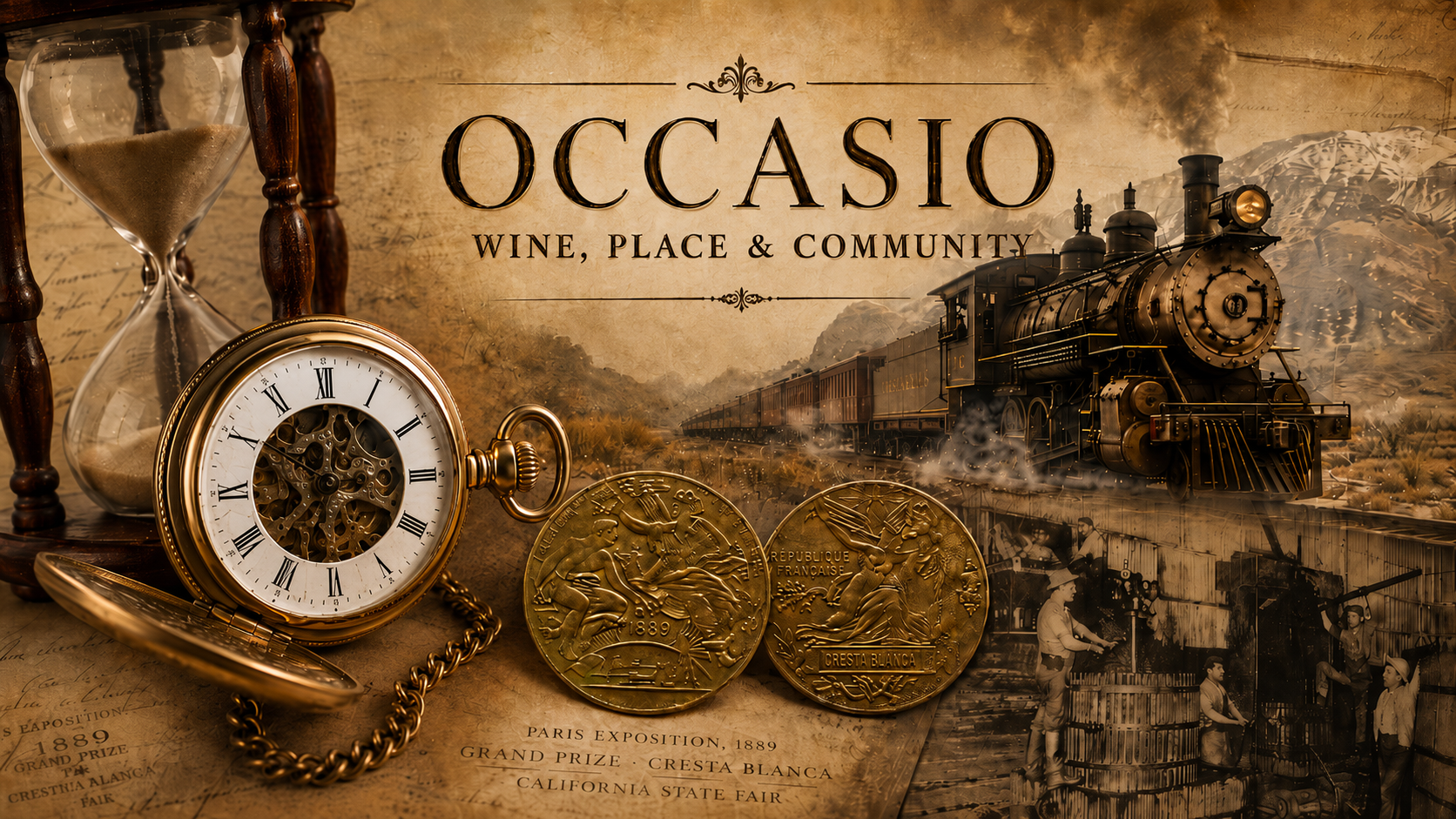 Vintage collage with a sidewinder pocket watch, steam locomotive, Cresta Blanca medals, and historic winemaking scene representing Livermore Valley wine history.
