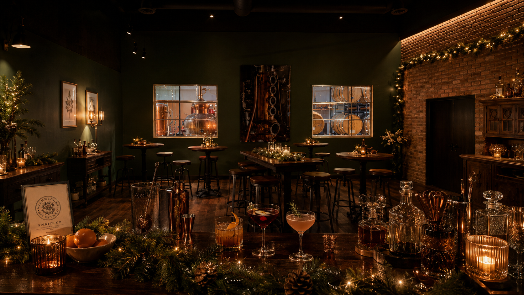 Warmly lit Sidewinder Spirits bar decorated with evergreen garlands, candles, cocktails, bottles, and bar tools for a festive holiday class.