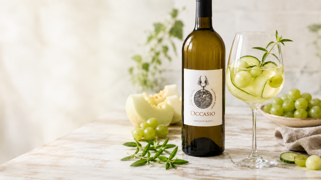 Occasio Sauvignon Blanc beside a clear, pale-green sangria garnished with cucumber, honeydew, green grapes, and lemon verbena on a bright tabletop.