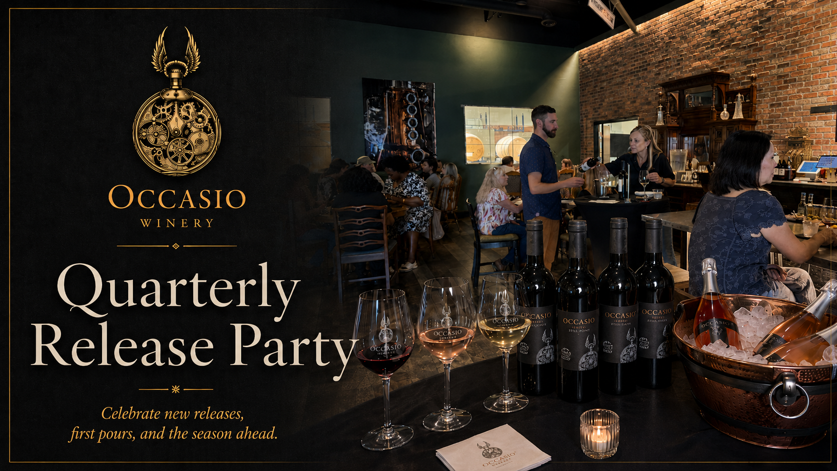 Occasio Winery Quarterly Release Party featuring Still Point bottles, sparkling wine on ice, and guests enjoying wine in the tasting room.