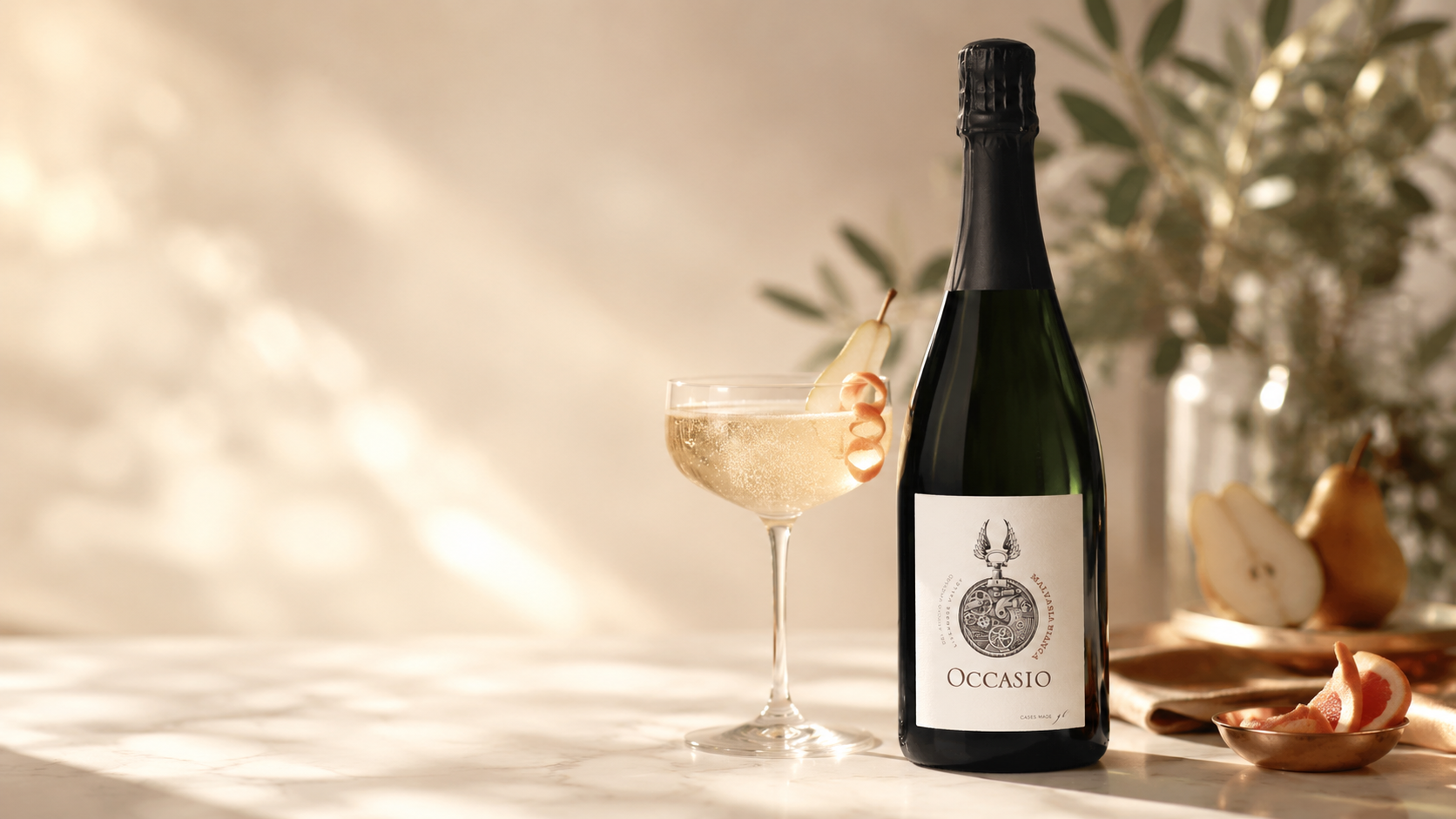 Occasio Sparkling Malvasia served as a pear cup with grapefruit, fresh pear slices, and bubbles in an elegant stemmed glass.