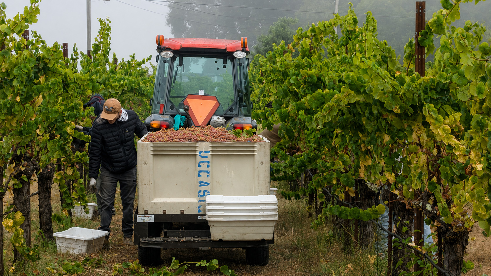 worker harvesting grapes from a vineyard with a small tractor pulling the bins