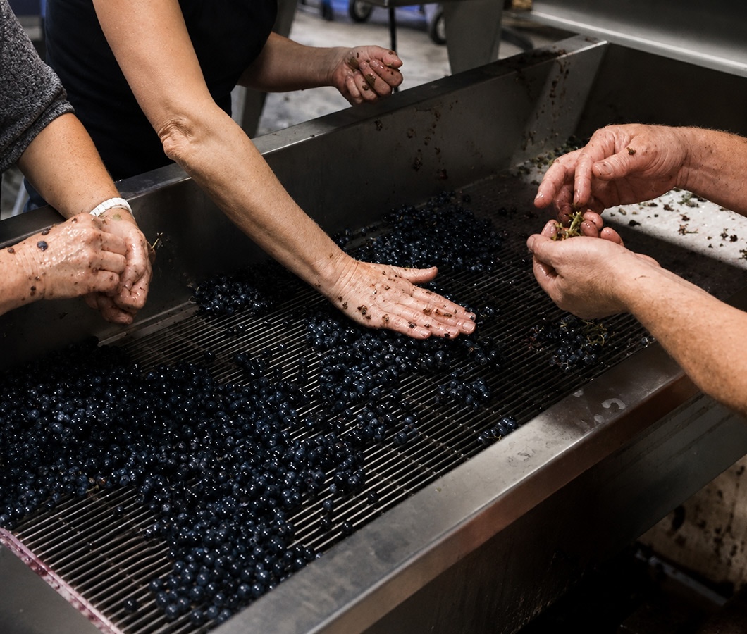 Sorting grapes during harvest at Occasio Winery
