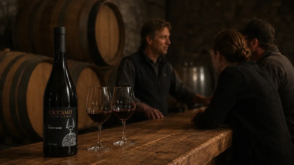 DARK TASTING ROOM WITH BARRELS IN BACKGROUND AND OCCASIO PINOT NOIR ON A WOODEN BENCH WITH A MAN AND WOMAN TASTING