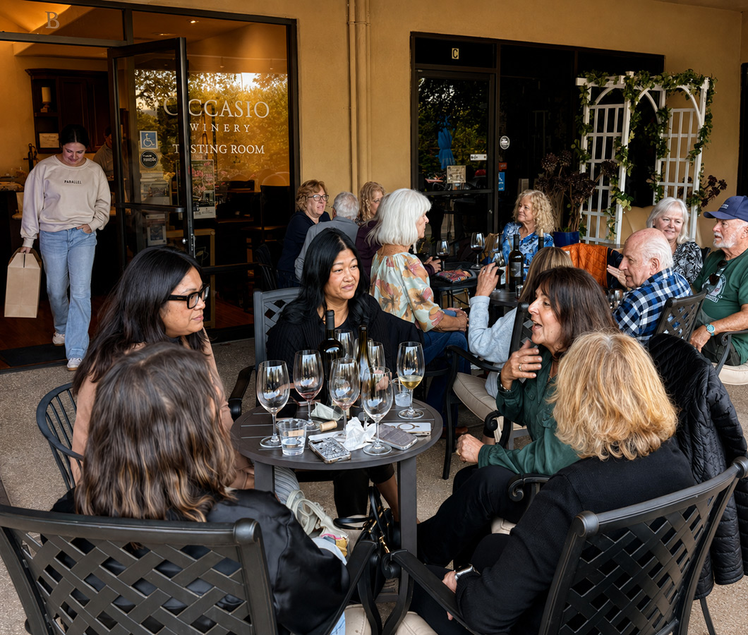 Guests enjoying wine at Occasio Winery's tasting room