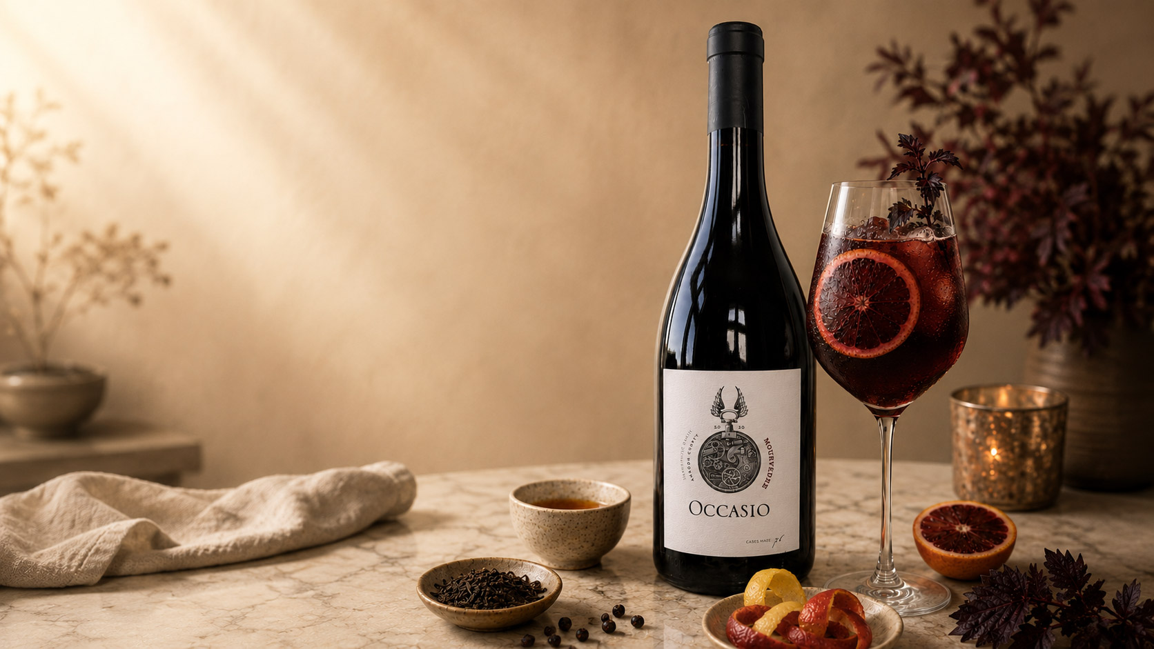 Occasio Mourvèdre bottle beside a chilled milk-washed red sangria with blood orange, shiso, tea, juniper, and citrus on a warm marble table.