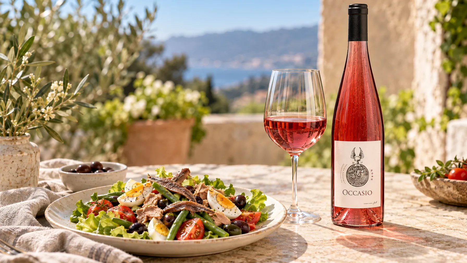 Occasio rosé bottle and a glass of rosé beside a Niçoise salad on a sunlit table