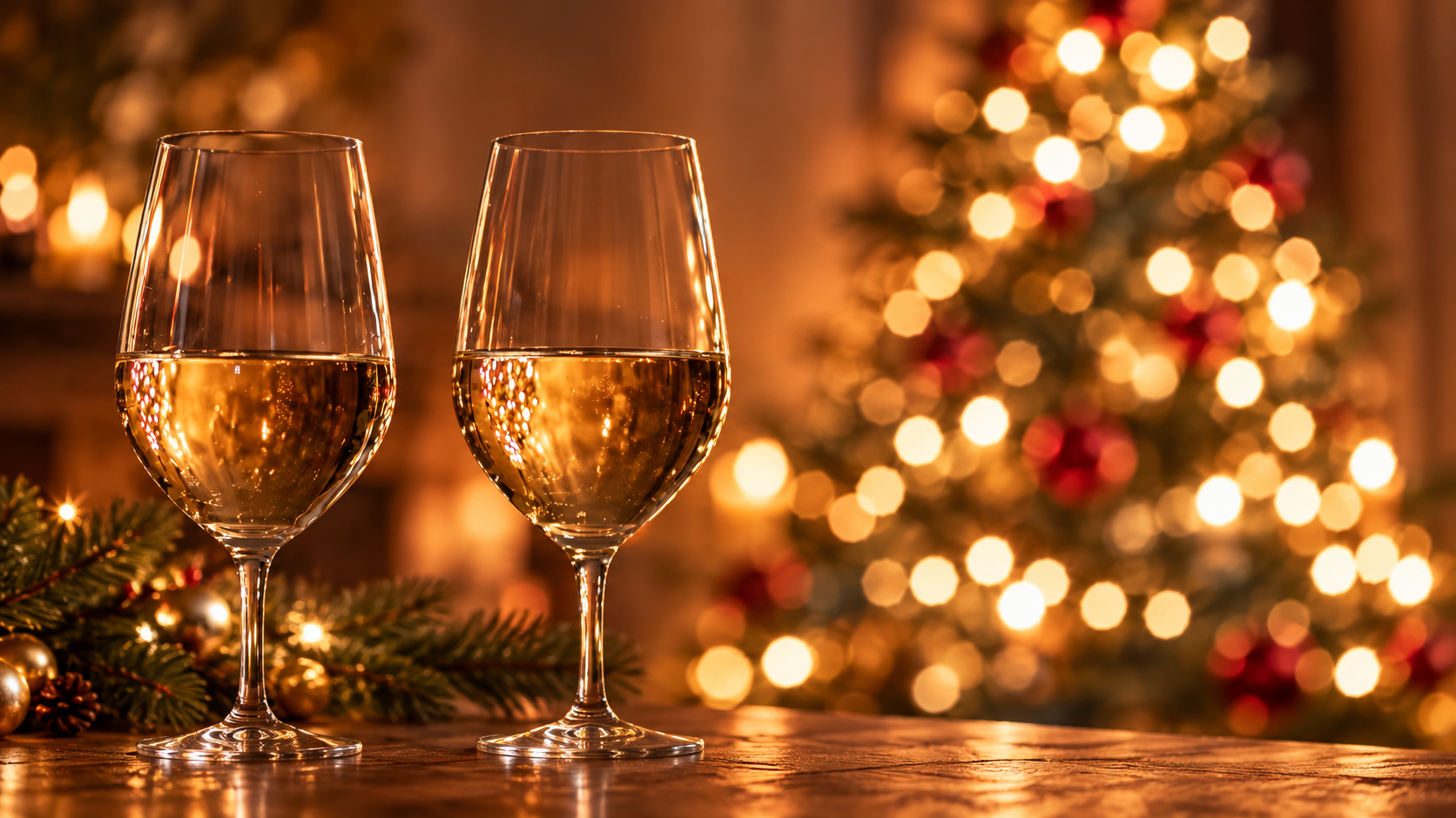 two classes of sparkling wine on a table with blurred christmas tree in background