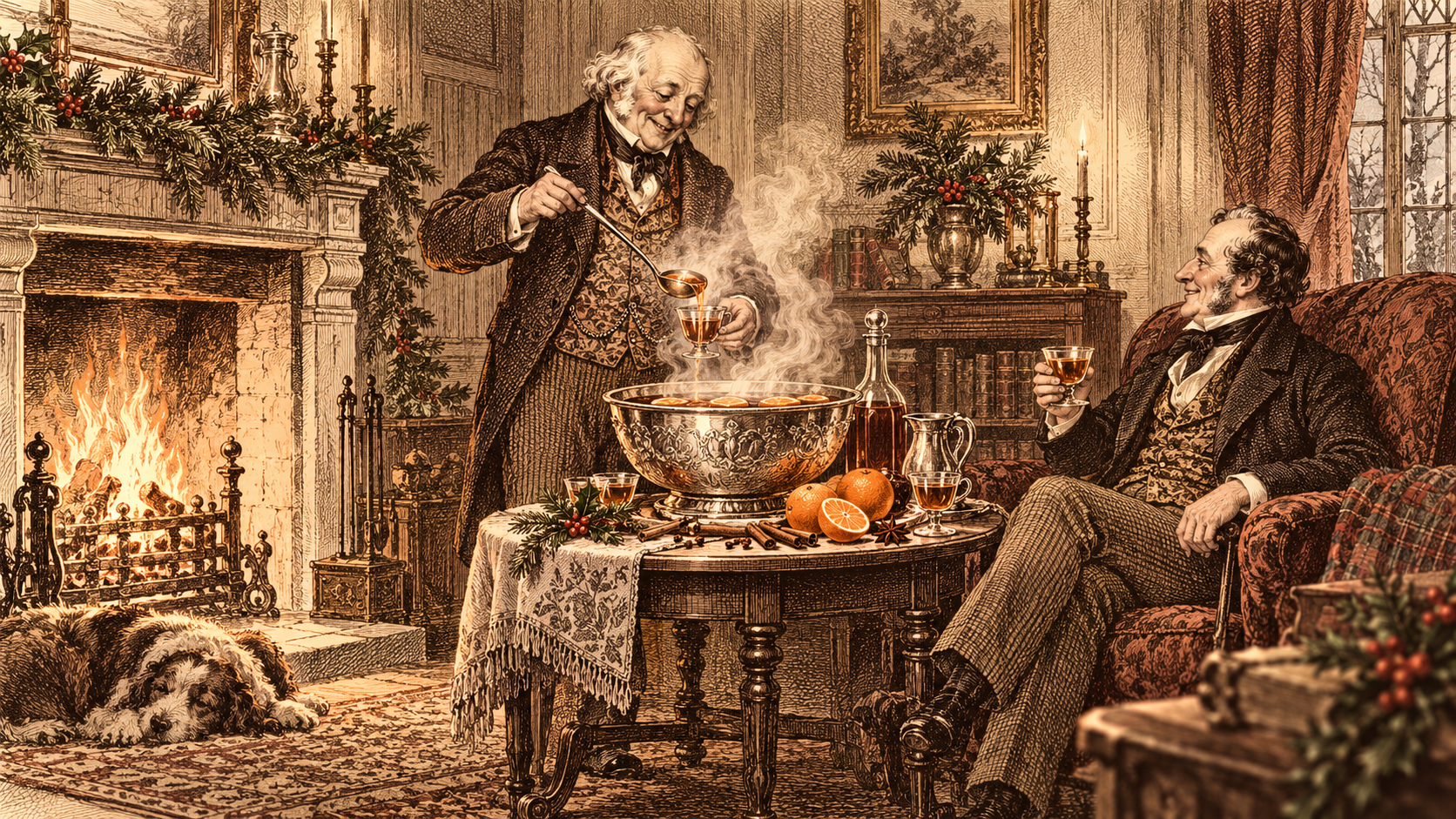 Victorian-style illustration of two gentlemen sharing a steaming bowl of Smoking Bishop beside a fireplace, with oranges, spices, and holiday greenery.