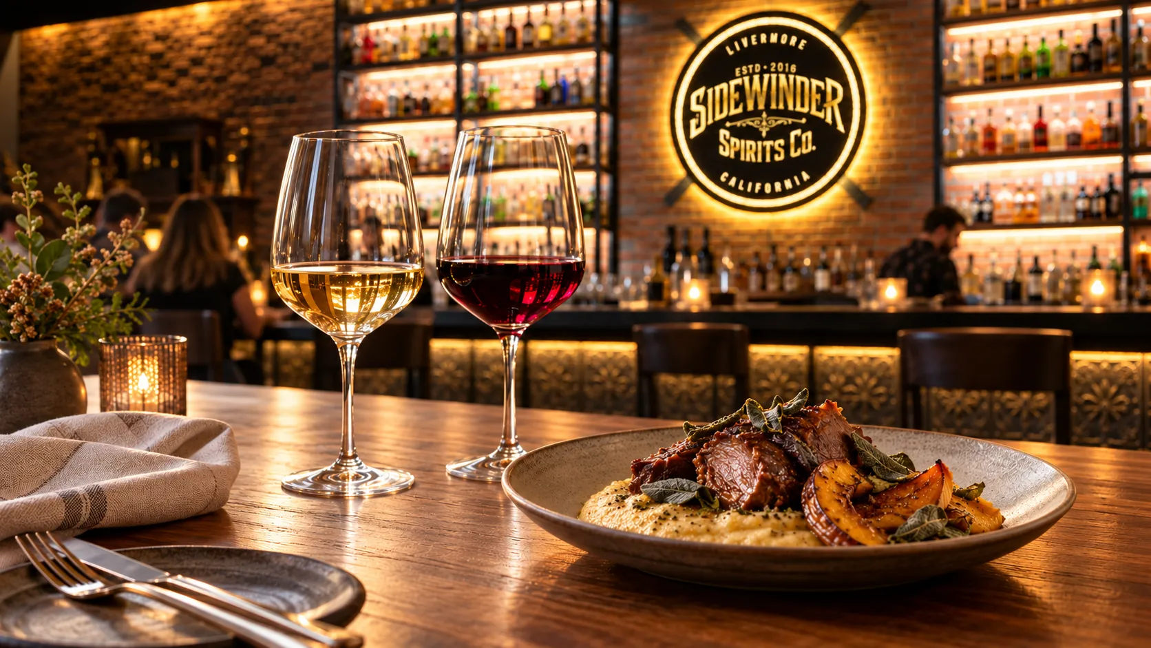 Chardonnay and Zinfandel beside an autumn plate of braised pork, creamy polenta, roasted squash, and sage.