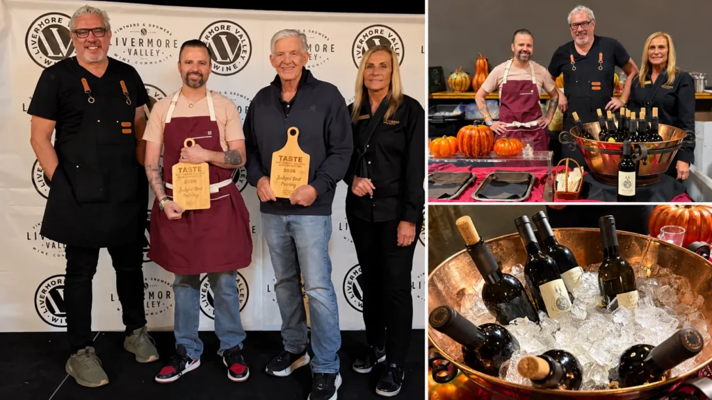 Occasio Winery and Sabio on Main celebrate their 2026 Judges’ Best Pairing award, alongside photographs of the team’s tasting table and Occasio wines chilling in a copper bowl.